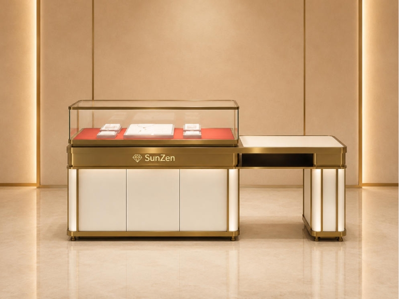 Jewelry L-Shaped Split Display Counter | White Gold Frame Red Liner Dual Zone Retail Showcase – Sunzen