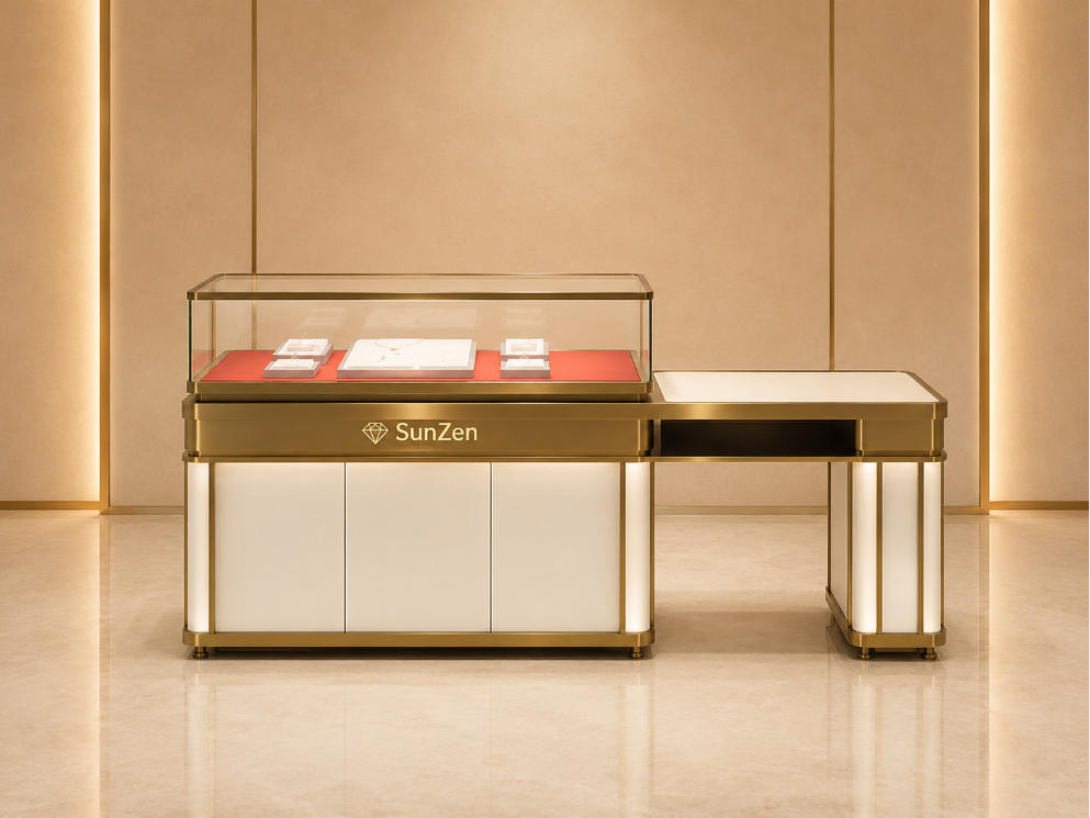 Jewelry L-Shaped Split Display Counter | White Gold Frame Red Liner Dual Zone Retail Showcase – Sunzen 1 Jewelry L-Shaped Split Display Counter | White Gold Frame Red Liner Dual Zone Retail Showcase – Sunzen