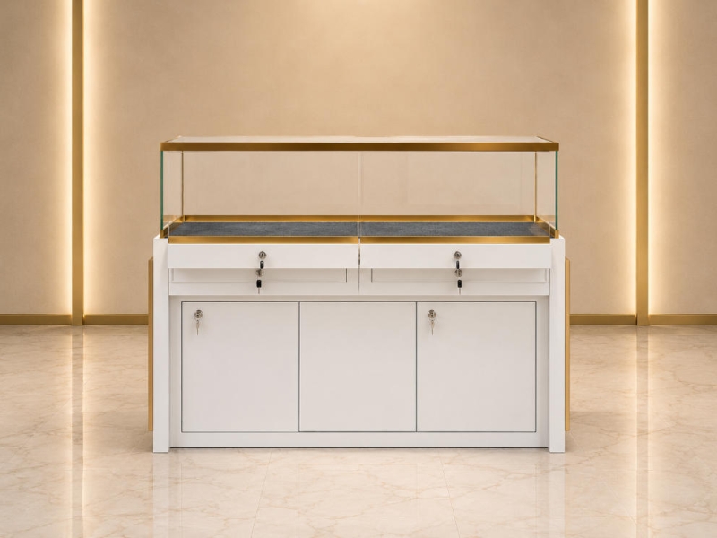 Jewelry Lockable Display Counter | White Gold Trim Pull-out Glass Retail Showcase - SUNZEN