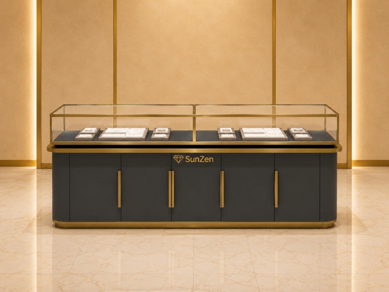 Jewelry Long Display Counter | Dual Compartment Glass Top Central Showcase – Sunzen