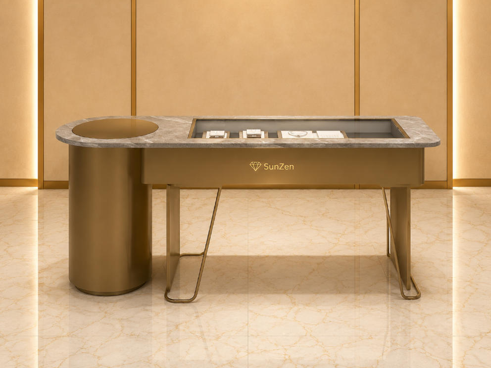 Jewelry Marble Oval End Recessed Glass Display Counter | Bronze Cylinder V-Leg Asymmetrical Retail Showcase – Sunzen 1 Jewelry Marble Oval End Recessed Glass Display Counter | Bronze Cylinder V-Leg Asymmetrical Retail Showcase – Sunzen