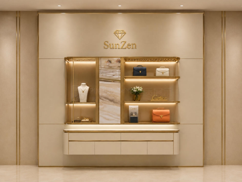 Jewelry Mixed Display Wall | Beige Gold Trim Glass & Open Shelf Backdrop – Sunzen