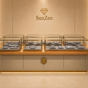 Jewelry Multi Compartment Island Counter | Wood Top Grey Base Gold Frame Central Display Table – Sunzen