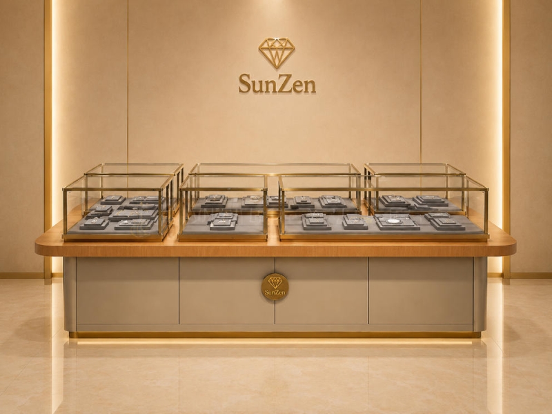 Jewelry Multi Compartment Island Counter | Wood Top Grey Base Gold Frame Central Display Table – Sunzen