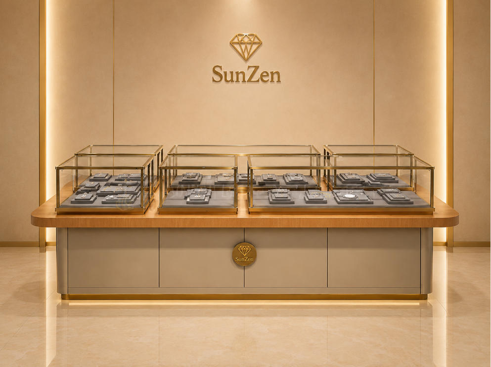 Jewelry Multi Compartment Island Counter | Wood Top Grey Base Gold Frame Central Display Table – Sunzen