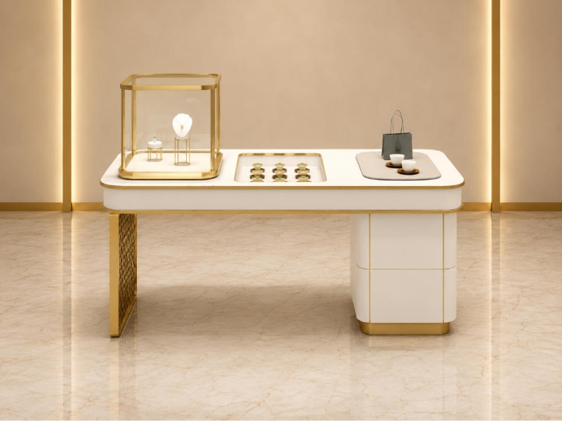 Jewelry Multi-function Display Table | Gold Hollow Leg White Integrated Service Counter - SUNZEN