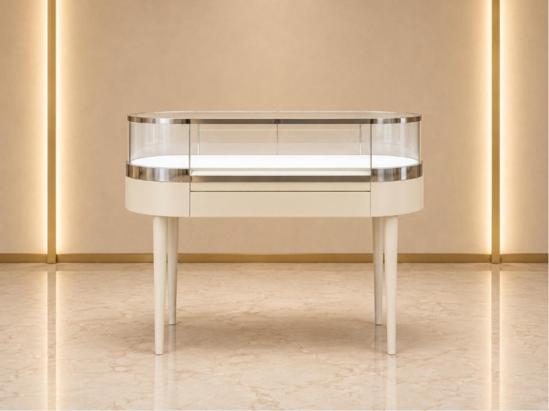 Jewelry Oval Display Desk | Silver Edge Thin Leg Pull-out Drawer Showcase - SUNZEN