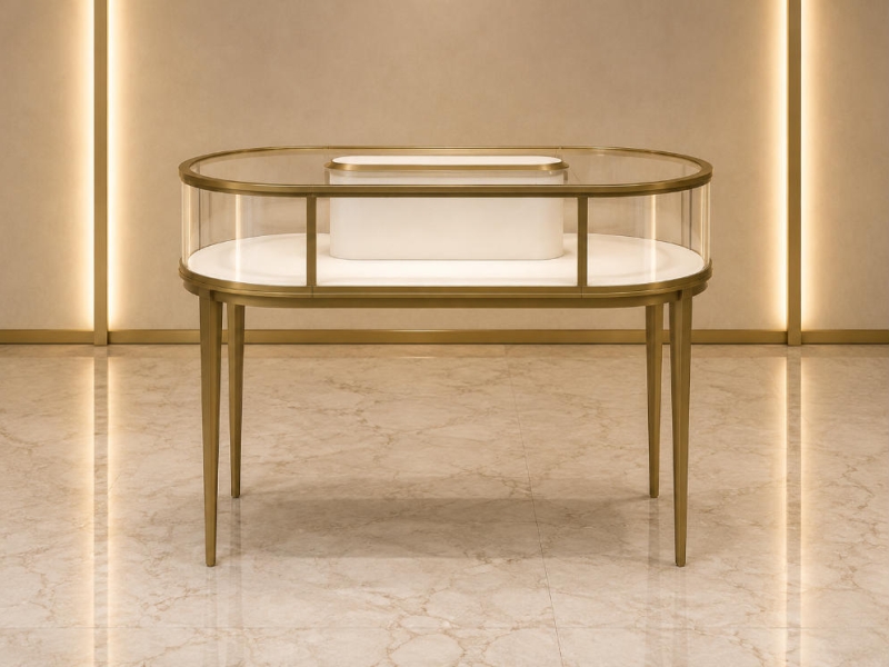 Jewelry Oval Display Table | Full Gold Frame Six Slender Leg Glass Showcase - SUNZEN
