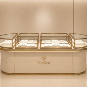 Jewelry Oval Island Counter | Cream Dual Section Gold Glass Display Table – Sunzen 2 Jewelry Oval Island Counter | Cream Dual Section Gold Glass Display Table – Sunzen