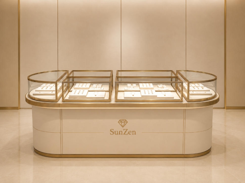 Jewelry Oval Island Counter | Cream Dual Section Gold Glass Display Table – Sunzen