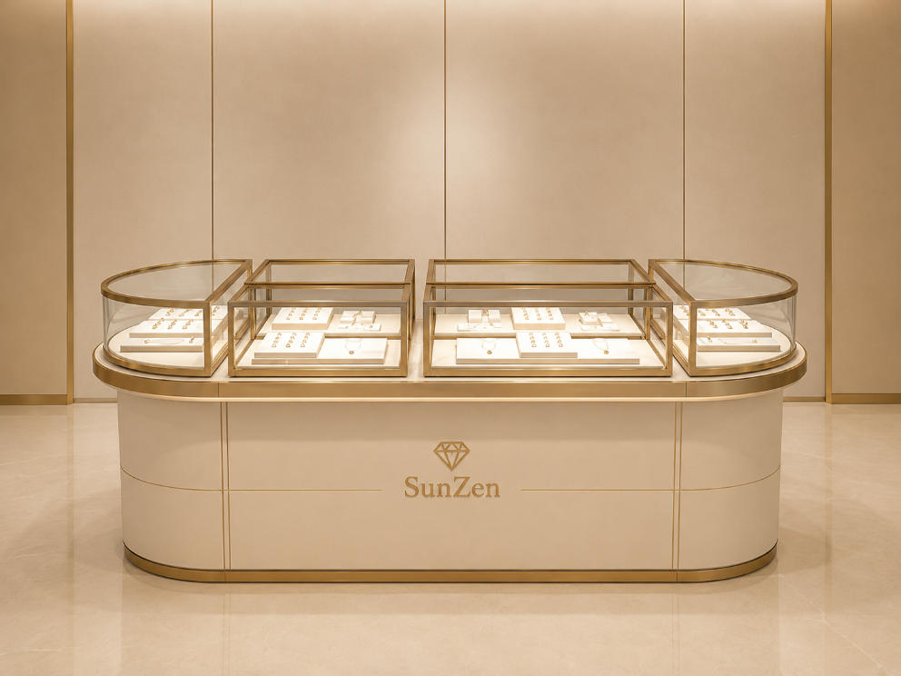 Jewelry Oval Island Counter | Cream Dual Section Gold Glass Display Table – Sunzen 1 Jewelry Oval Island Counter | Cream Dual Section Gold Glass Display Table – Sunzen