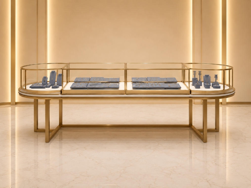 Jewelry Oval Partition Counter | Gold Frame Divided Oval Glass Showcase - SUNZEN