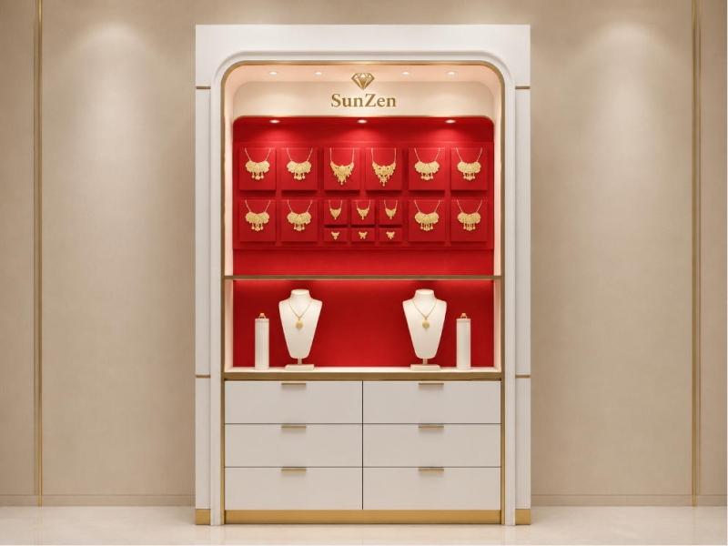 Jewelry Red Lining Wall Cabinet | White Curved Gold Frame Drawer Display Unit – Sunzen