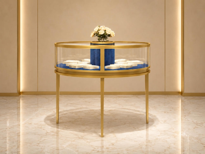 Jewelry Round Gold Frame Central Display Table | Blue Liner Circular Retail Showcase – Sunzen