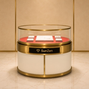 Jewelry Round Gold Frame Rotatable Display Counter | Red Liner Circular Glass Central Showcase – Sunzen