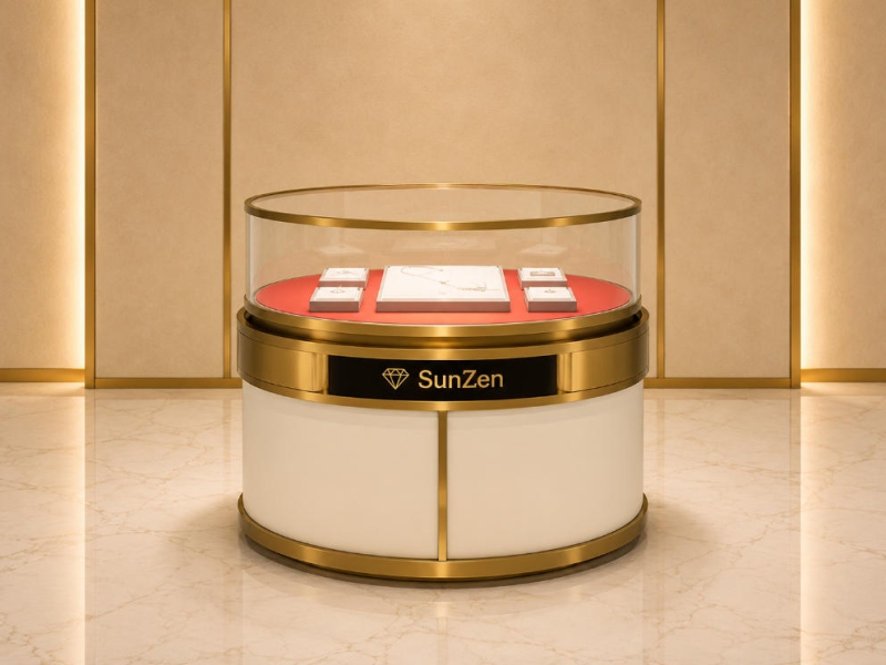Jewelry Round Gold Frame Rotatable Display Counter | Red Liner Circular Glass Central Showcase – Sunzen