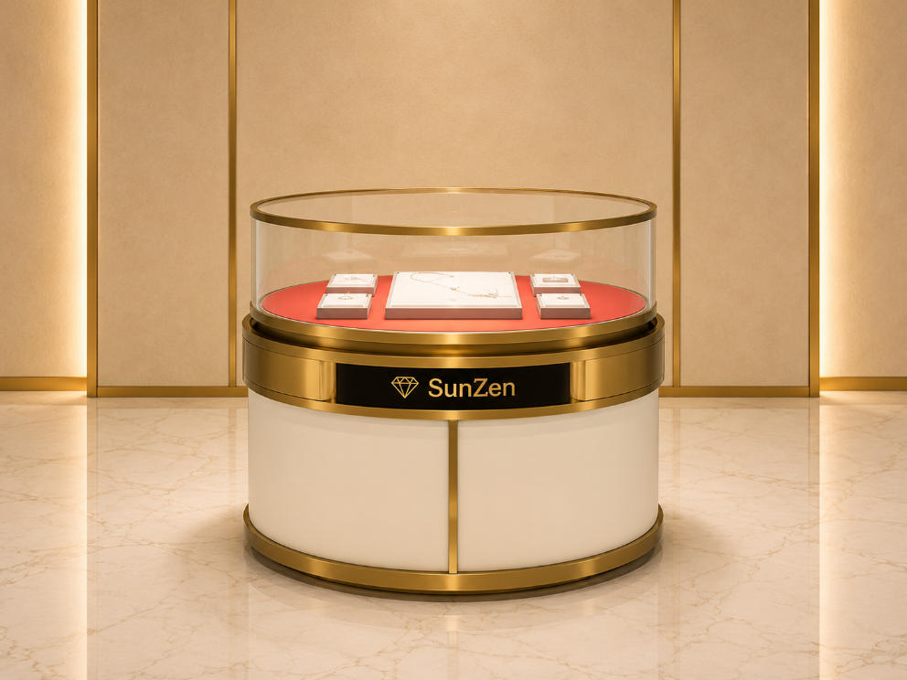 Jewelry Round Gold Frame Rotatable Display Counter | Red Liner Circular Glass Central Showcase – Sunzen