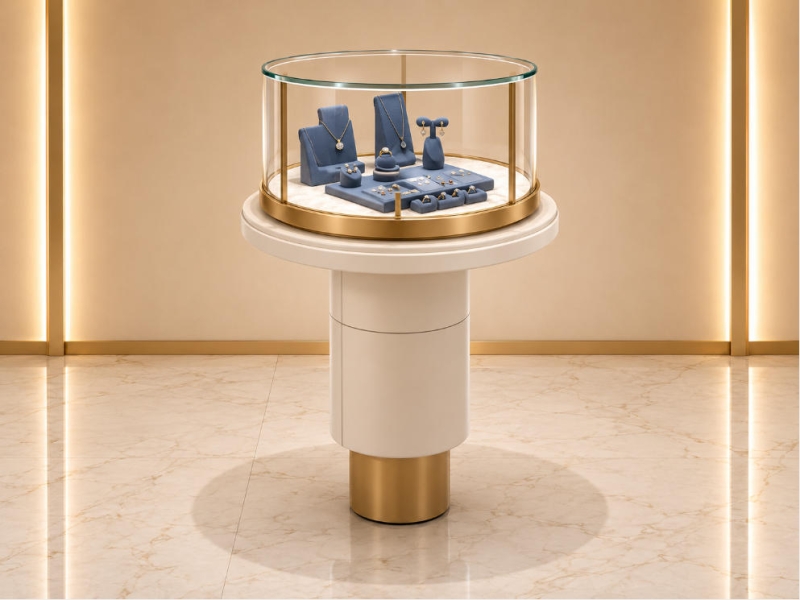 Jewelry Round Pedestal Display Stand | Gold Frame Circular Glass Tiered Base Showcase - SUNZEN