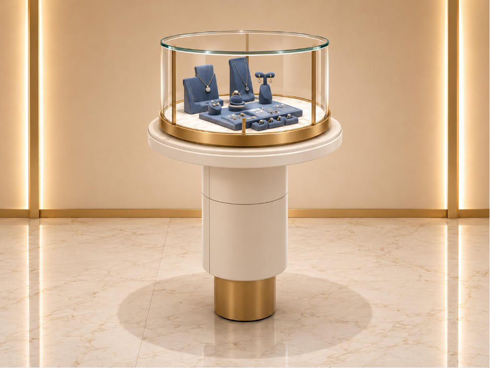 Jewelry Round Pedestal Display Stand | Gold Frame Circular Glass Tiered Base Showcase - SUNZEN 1 Jewelry Round Pedestal Display Stand | Gold Frame Circular Glass Tiered Base Showcase - SUNZEN