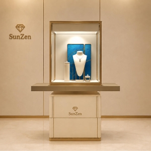 Jewelry Single Tower Display Stand | Gold Frame Blue Backdrop Pedestal Showcase – Sunzen 2 Jewelry Single Tower Display Stand | Gold Frame Blue Backdrop Pedestal Showcase – Sunzen
