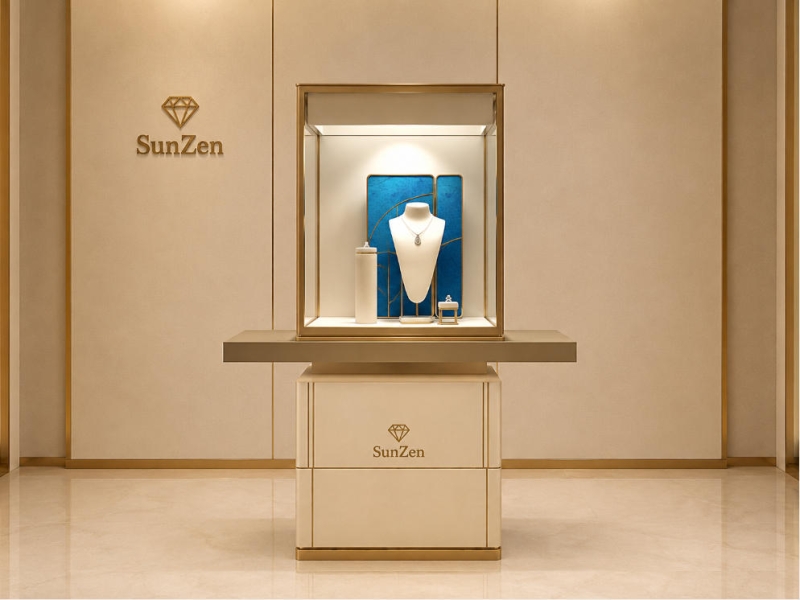 Jewelry Single Tower Display Stand | Gold Frame Blue Backdrop Pedestal Showcase – Sunzen