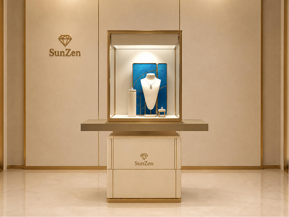 Jewelry Single Tower Display Stand | Gold Frame Blue Backdrop Pedestal Showcase – Sunzen 1 Jewelry Single Tower Display Stand | Gold Frame Blue Backdrop Pedestal Showcase – Sunzen
