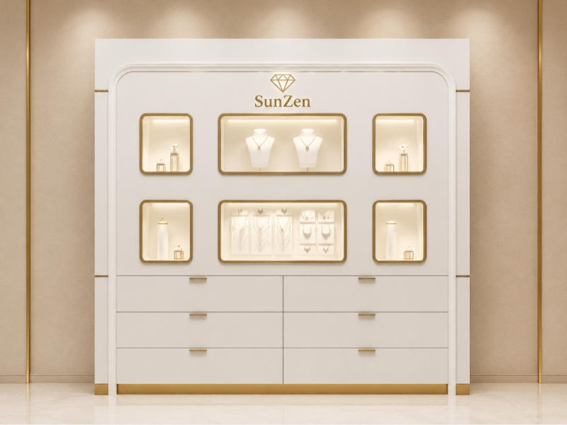 Jewelry Six Niche Wall Cabinet | White Curved Gold Frame Drawer Display Wall – Sunzen