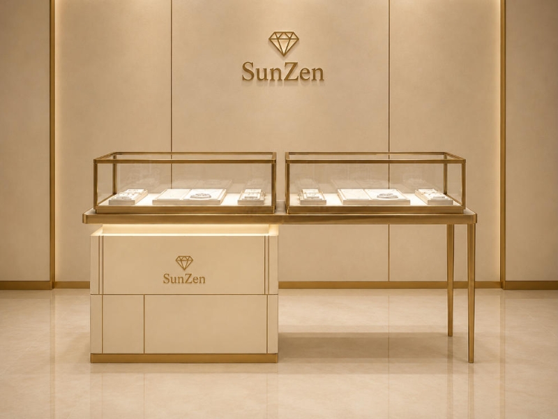 Jewelry Split Top Display Counter | Cream Gold Frame Dual Glass Showcase – Sunzen