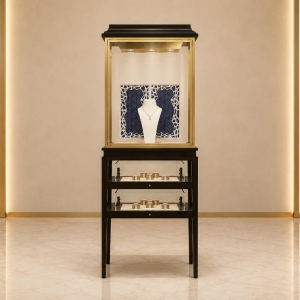 Jewelry Tall Display Stand | Black Wood Gold Frame Double Layer Vertical Showcase - SUNZEN 2 Jewelry Tall Display Stand | Black Wood Gold Frame Double Layer Vertical Showcase - SUNZEN