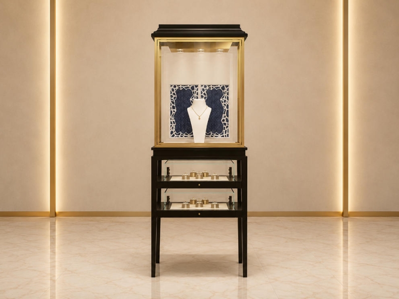 Jewelry Tall Display Stand | Black Wood Gold Frame Double Layer Vertical Showcase - SUNZEN