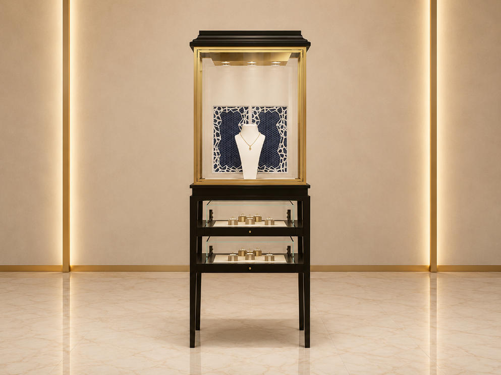 Jewelry Tall Display Stand | Black Wood Gold Frame Double Layer Vertical Showcase - SUNZEN 1 Jewelry Tall Display Stand | Black Wood Gold Frame Double Layer Vertical Showcase - SUNZEN