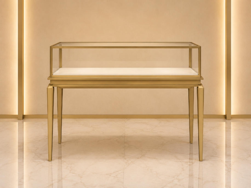 Jewelry Tall Glass Top Display Table | Full Gold Frame Four Tapered Leg Rectangular Showcase - SUNZEN