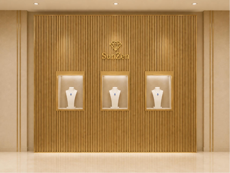 Jewelry Three Niche Gold Fluted Wall Cabinet | Vertical Metal Slat Backdrop Display Unit – Sunzen