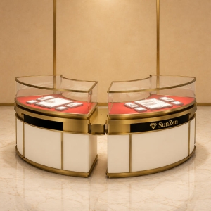 Jewelry Three-Segment C-Shaped Curved Display Counter | Gold Frame Red Liner Combined Circular Retail Showcase – Sunzen