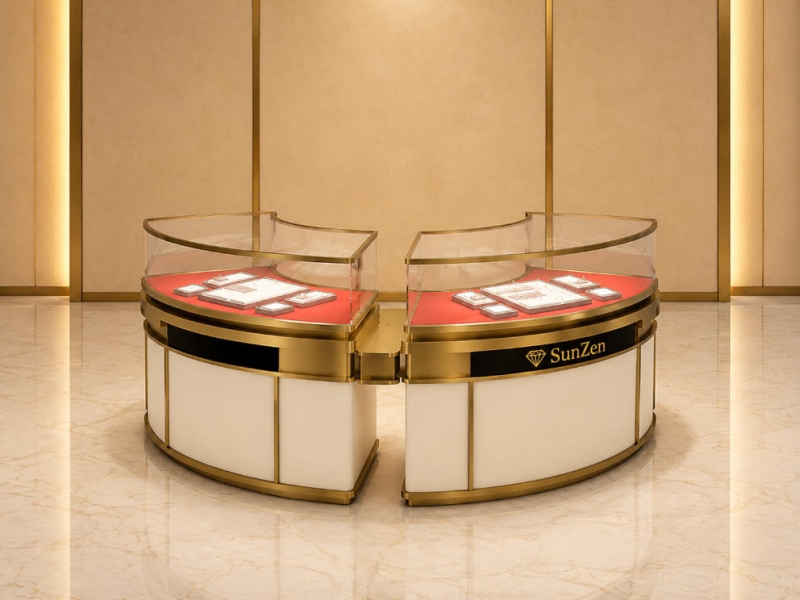 Jewelry Three-Segment C-Shaped Curved Display Counter | Gold Frame Red Liner Combined Circular Retail Showcase – Sunzen