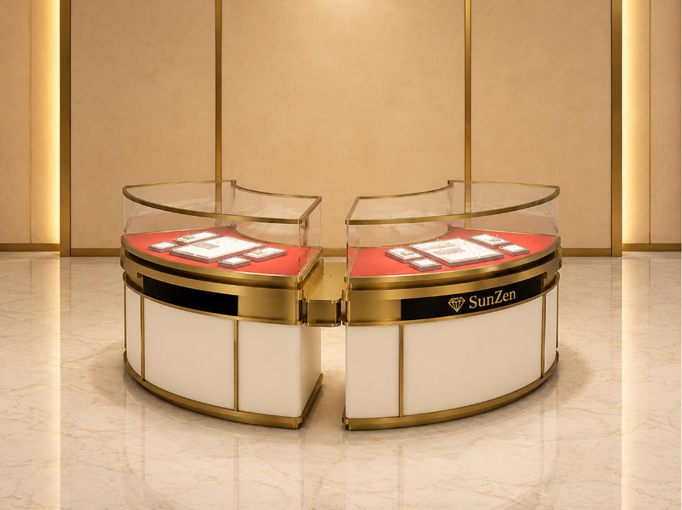 Jewelry Three-Segment C-Shaped Curved Display Counter | Gold Frame Red Liner Combined Circular Retail Showcase – Sunzen