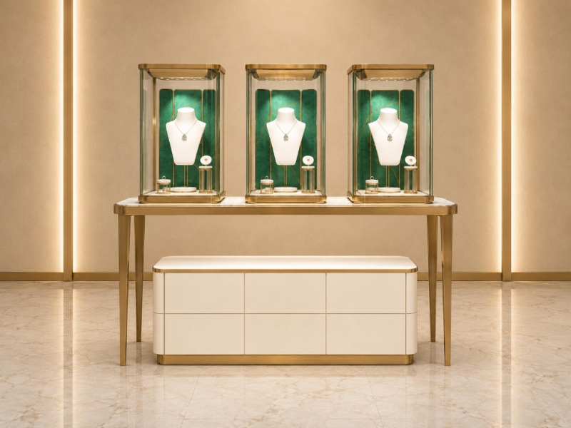 Jewelry Three-unit Display Console | Gold Frame Green Backdrop Drawer Storage Showcase - SUNZEN