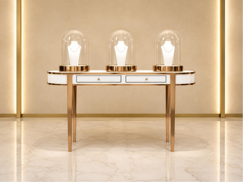 Jewelry Triple Dome Display Console | Rose Gold Frame Oval Table Two Drawer Showcase - SUNZEN