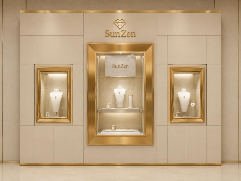 Jewelry Triple Niche Wall Cabinet | Beige Panel Gold Frame Display Backdrop – Sunzen