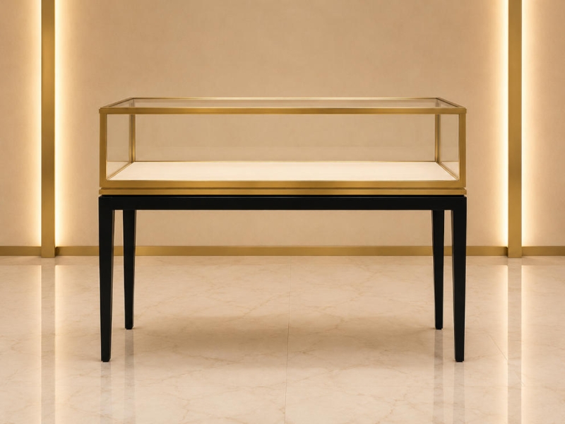 Jewelry Two-tone Display Console | Gold Frame Glass Top Black Tapered Leg Rectangular Showcase - SUNZEN
