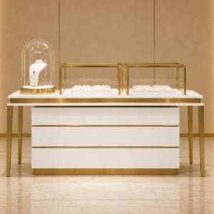 Jewelry White Glass Drawer Display Counter | Gold Trim Luxury Showcase – Sunzen