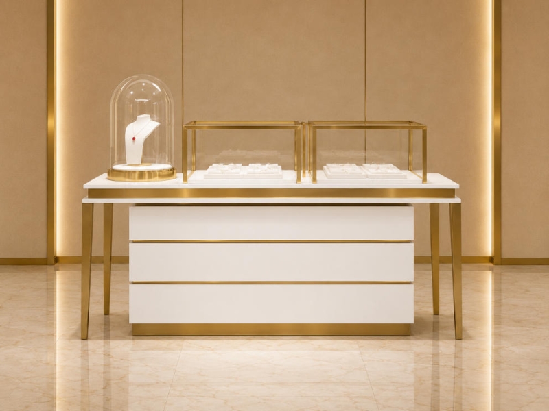 Jewelry White Glass Drawer Display Counter | Gold Trim Luxury Showcase – Sunzen