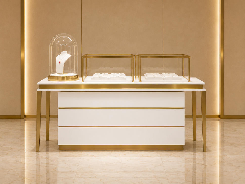 Jewelry White Glass Drawer Display Counter | Gold Trim Luxury Showcase – Sunzen