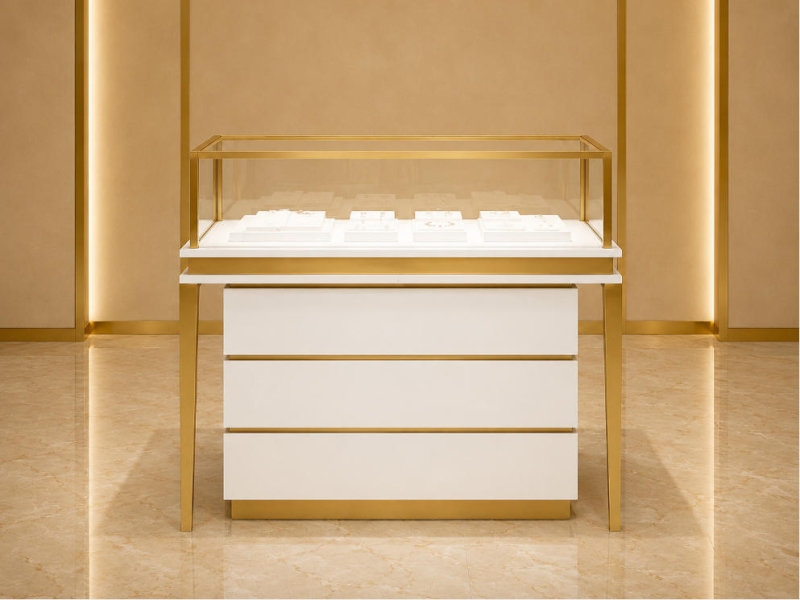 Jewelry White Triple Drawer Gold Frame Display Counter | Light Luxury Retail Showcase – Sunzen