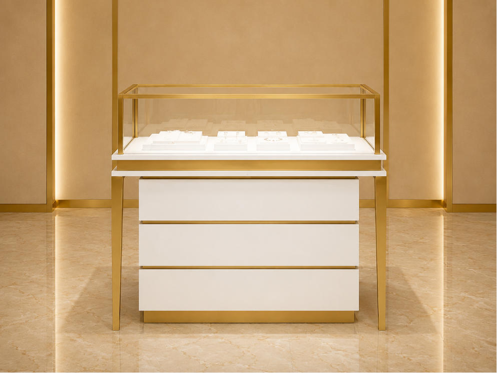 Jewelry White Triple Drawer Gold Frame Display Counter | Light Luxury Retail Showcase – Sunzen