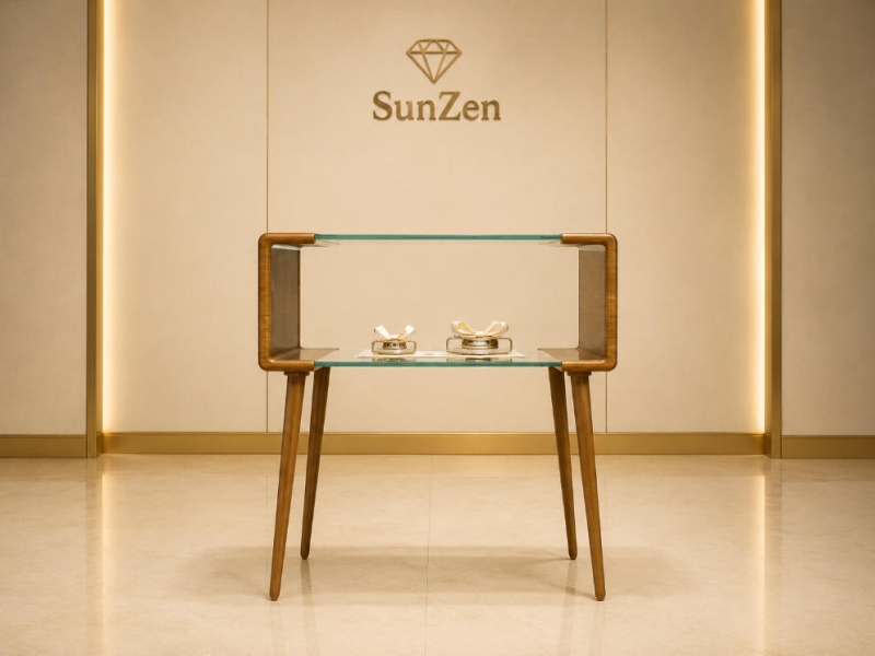 Jewelry Wood Glass Side Table | Curved Frame Minimalist Retail Display Stand – Sunzen
