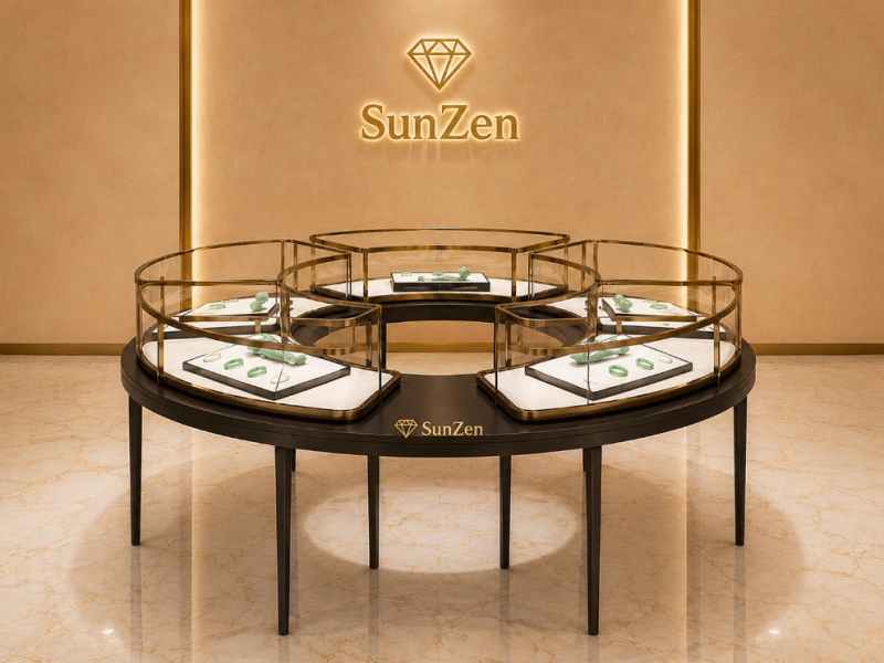 Jewelry modular display table | Gold Frame Arc Glass Light Metal Combined Showcase – Sunzen