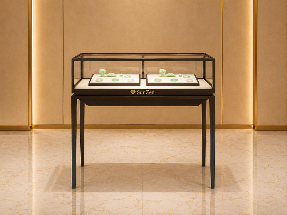 Jewelry slim metal jade table | Minimalist Tall Leg Glass Retail Showcase – Sunzen 1 Jewelry slim metal jade table | Minimalist Tall Leg Glass Retail Showcase – Sunzen
