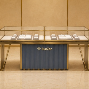 Jewelry split leg wave counter | Gold Frame Dual Glass Modern Retail Showcase – Sunzen