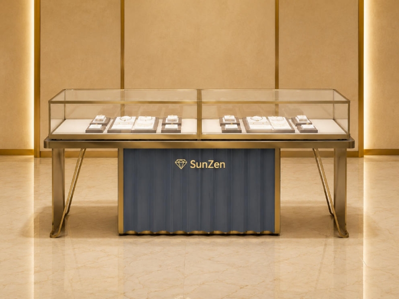 Jewelry split leg wave counter | Gold Frame Dual Glass Modern Retail Showcase – Sunzen